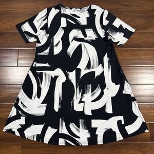 Sympli Women's Size 16 Black White Patterned Jersey Knit Tunic Dress Pockets